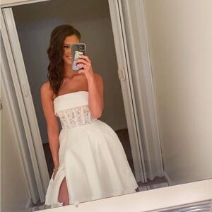 Sherri Hill White Strapless Bustier Slit Dress